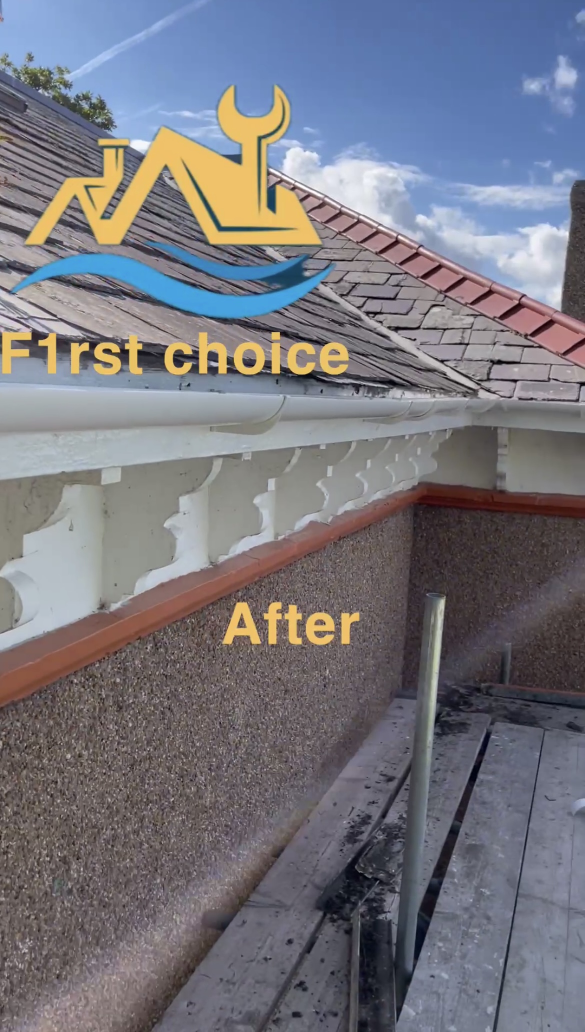 Corner roofline guttering after renovation and replacement