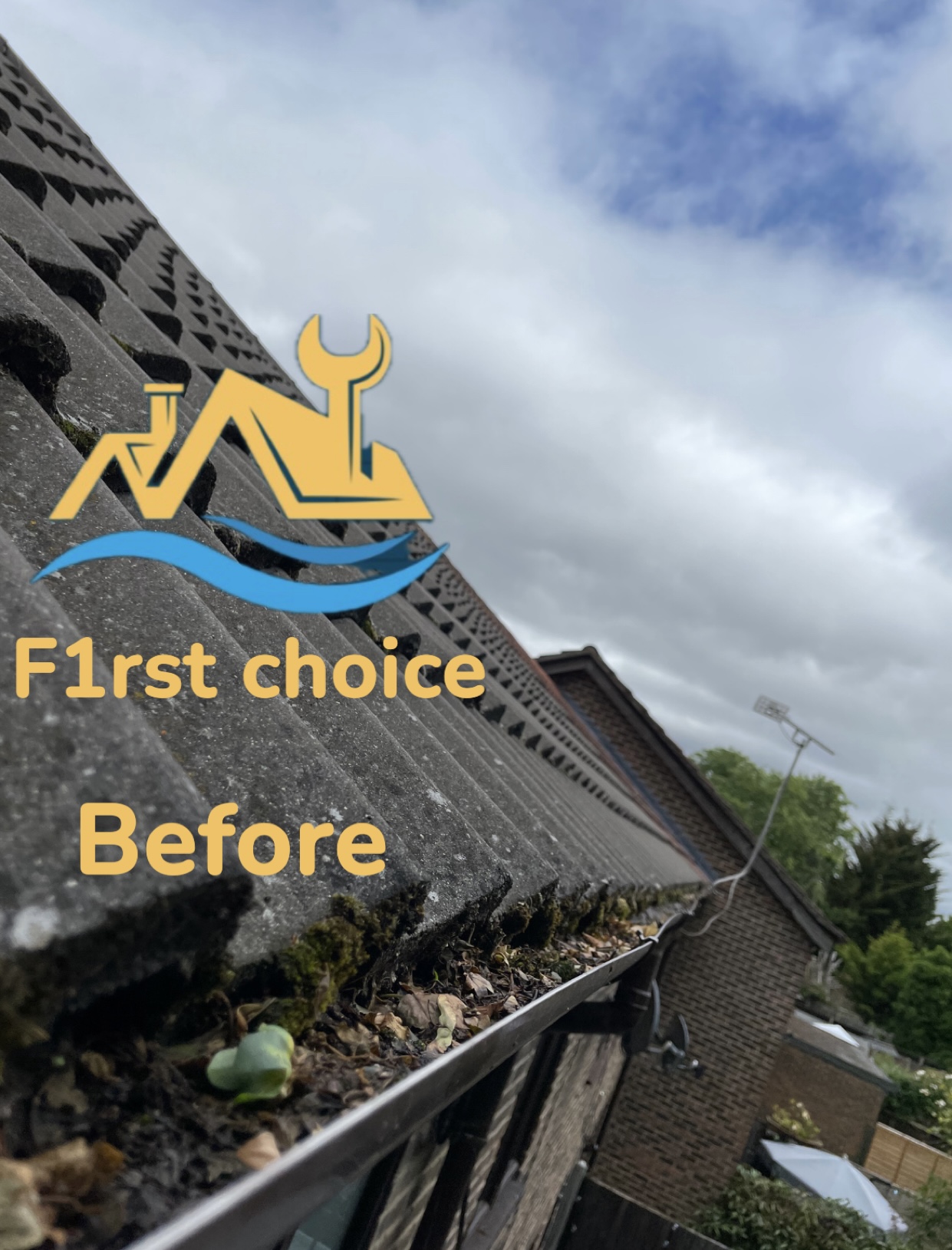 Gutter packed with leaves and debris before cleaning